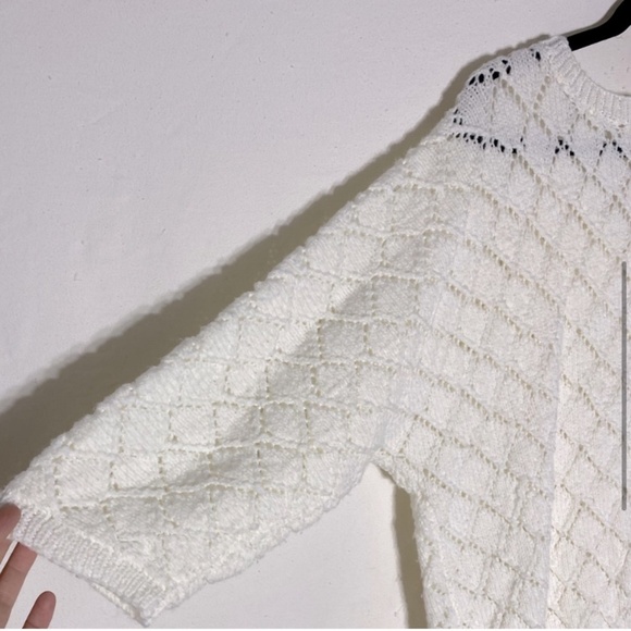 Vintage Oversized Ivory Diamond Knit V Neck Half Sleeve Sweater M - Picture 6 of 9